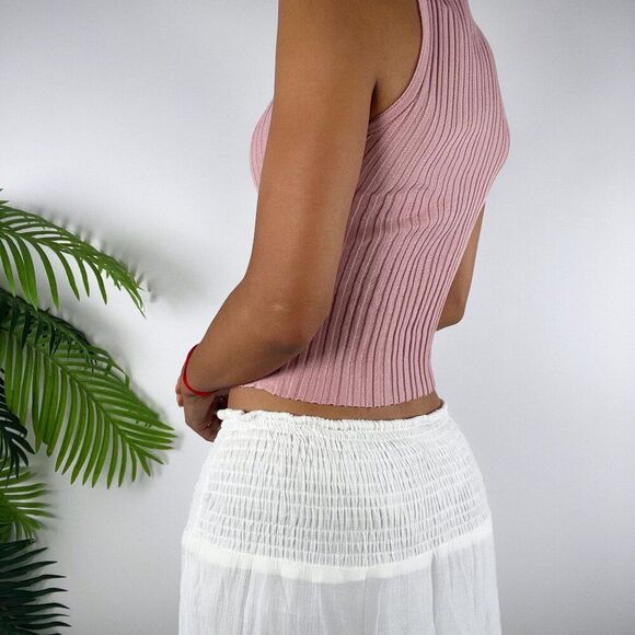 Vintage Mauve Coquette Cottagecore Mock Neck Ribbed Sleeveless Knit Top / S - Picture 2 of 5